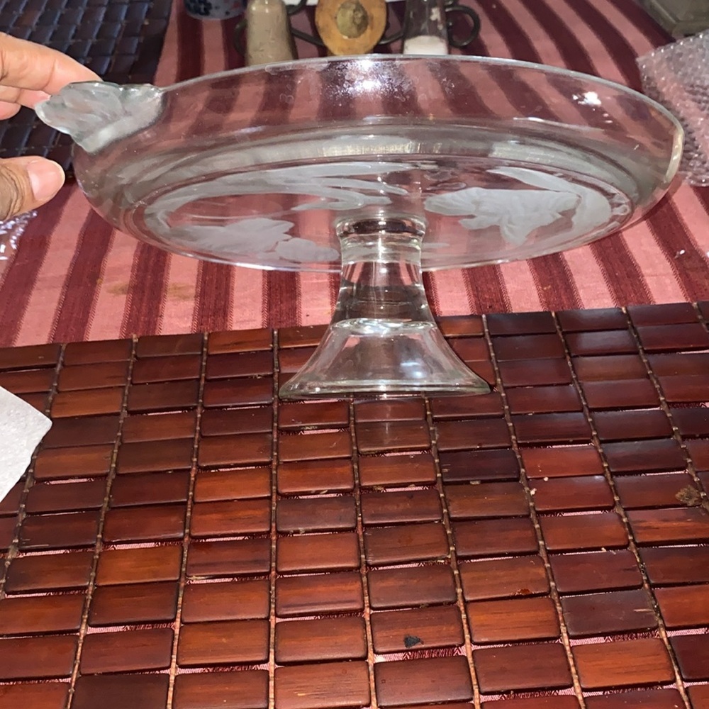 Round Glass Orchid Serving Cake Platter Etched 12" Ear Handle & Cloche 11" Dome - Picture 5 of 5